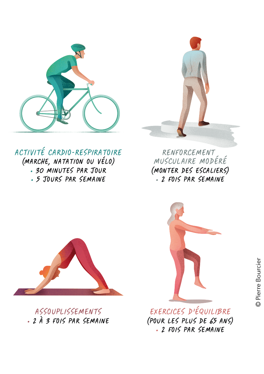 Schéma illustrant les activités physiques adaptées possibles : activité cardio-respiratoire, renforcement musculaire, exercices d'équilibre, assouplissements - © Pierre Bourcier